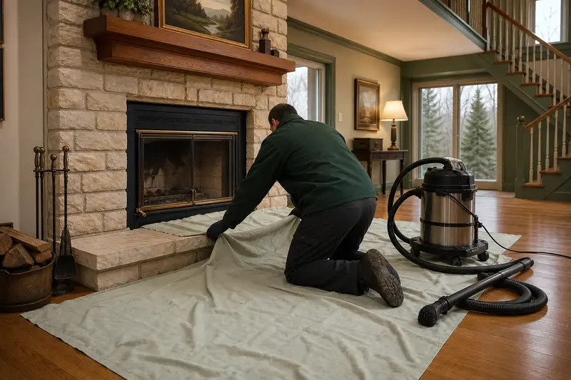 A technician setting drop cloths and a sealed vacuum in front of a factory-built wood-burning fireplace with a stone facing before a cleaning; illustrative image