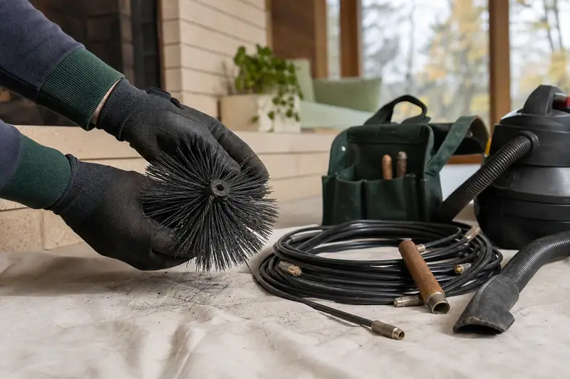 Chimney brushes, flexible rods and a hand vacuum arranged on a canvas drop cloth; illustrative image