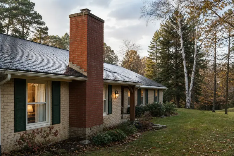 A 1990s brick-front ranch house after a cold rain with a red brick chimney with a concrete crown, wet roofs and clear gutters; illustrative image