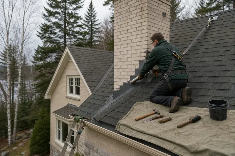 A harnessed technician sealing the step flashing where a tall brick chimney on a steep gable roof meets the roof; illustrative image