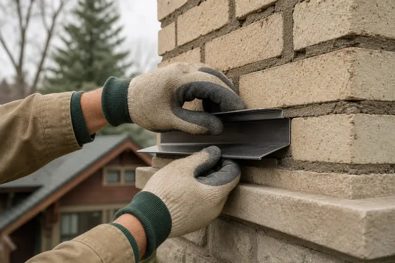 Gloved hands fitting counter-flashing into a mortar joint on a brick chimney; illustrative image