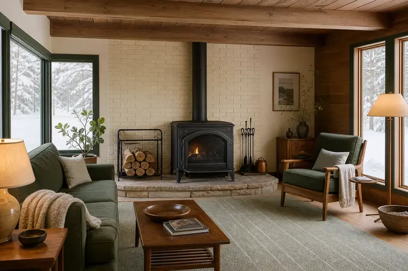 A prepared hearth room with a cast-iron wood stove on a stone hearth pad, seasoned firewood in a rack and a clear hearth; illustrative image