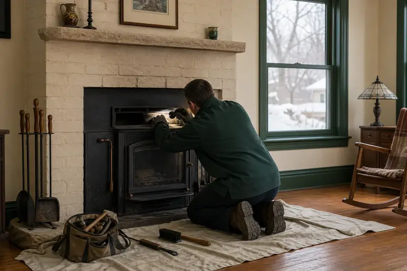A technician checking the damper of a wood-burning insert in a brick opening by flashlight before winter, the fireplace cold; illustrative image
