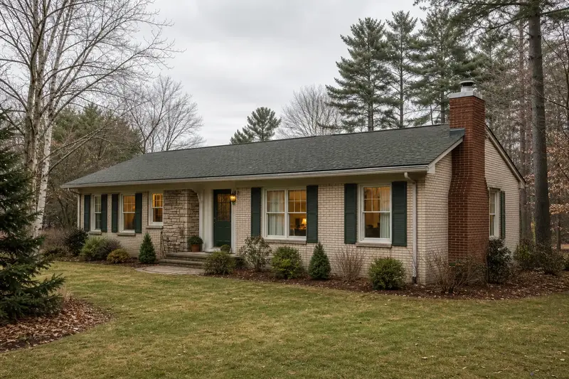 A 1960s brick-front ranch house with a red brick chimney with a concrete crown topped by a new stainless steel cap; illustrative image