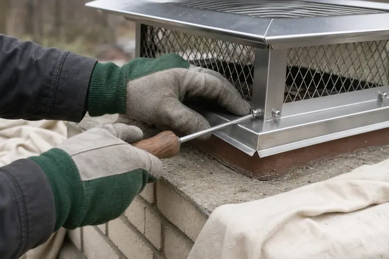 Gloved hands tightening the mounting screws of a stainless steel cap on a flue; illustrative image