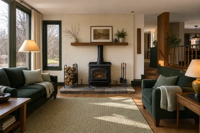 A tidy hearth room with a cast-iron wood stove on a stone hearth pad, a cleared hearth, fireplace tools and split firewood; illustrative image