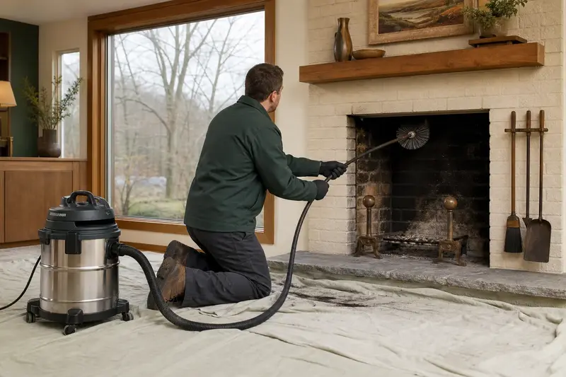 A technician feeding a rotary chimney brush up the flue of an open masonry wood-burning fireplace, drop cloths and a sealed vacuum on the hearth; illustrative image