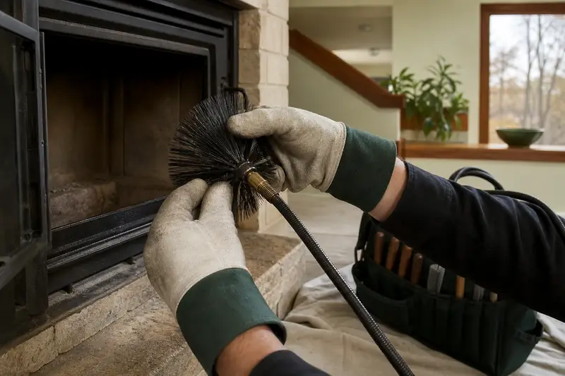 Gloved hands fitting a round wire brush onto a flexible rod at the hearth of a wood-burning insert in a brick opening; illustrative image