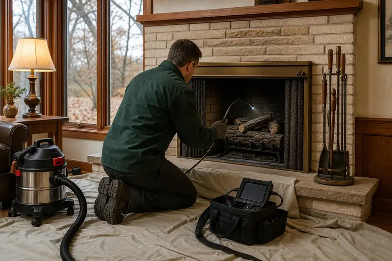 A technician guiding an inspection camera into the firebox of a vented gas log set in a masonry firebox, the fireplace cold and unlit; illustrative image