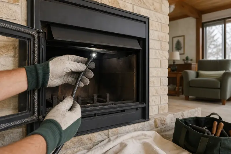 An inspection camera head on a flexible cable at the damper opening of a wood-burning insert in a brick opening; illustrative image