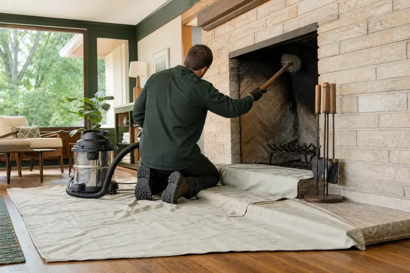 A technician brushing the flue of an open masonry wood-burning fireplace on a humid summer day, drop cloths on the hearth; illustrative image