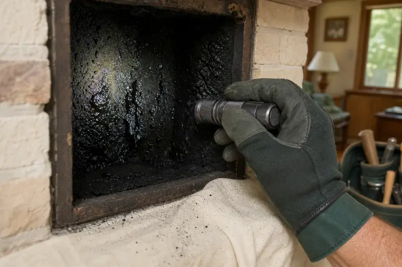 Damp creosote deposits on a flue wall lit by a flashlight, seen up close; illustrative image