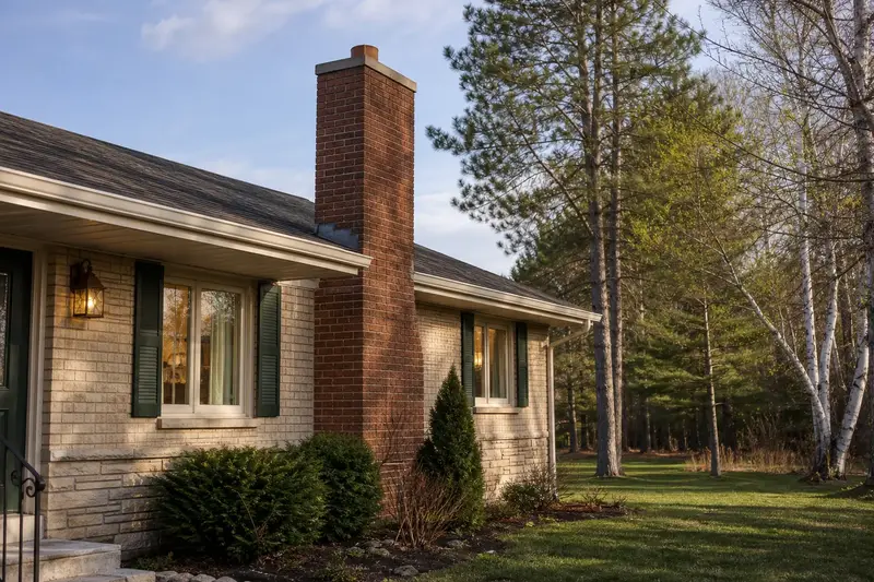 A 1960s brick-front ranch house with a red brick chimney with a concrete crown and neat mortar joints; illustrative image