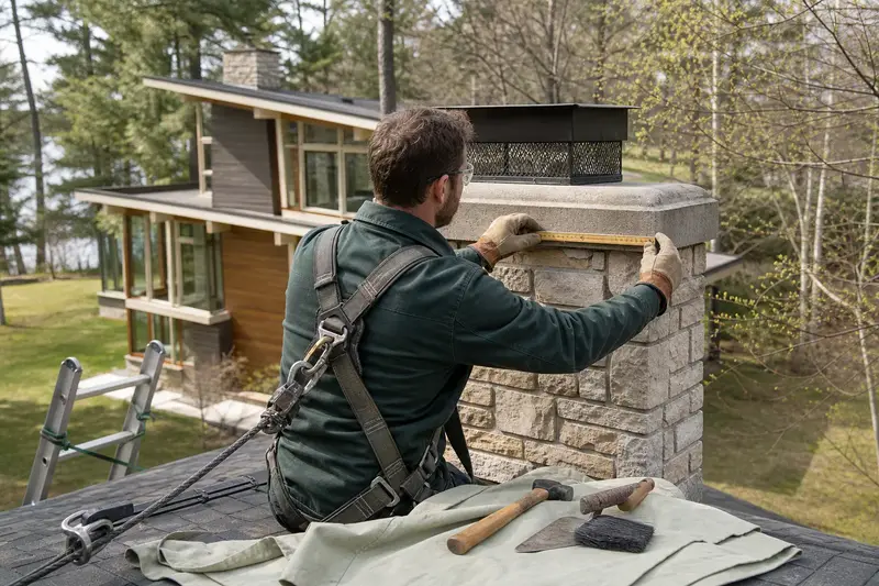 A harnessed mason measuring the crown of a stone masonry chimney with a folding rule; illustrative image
