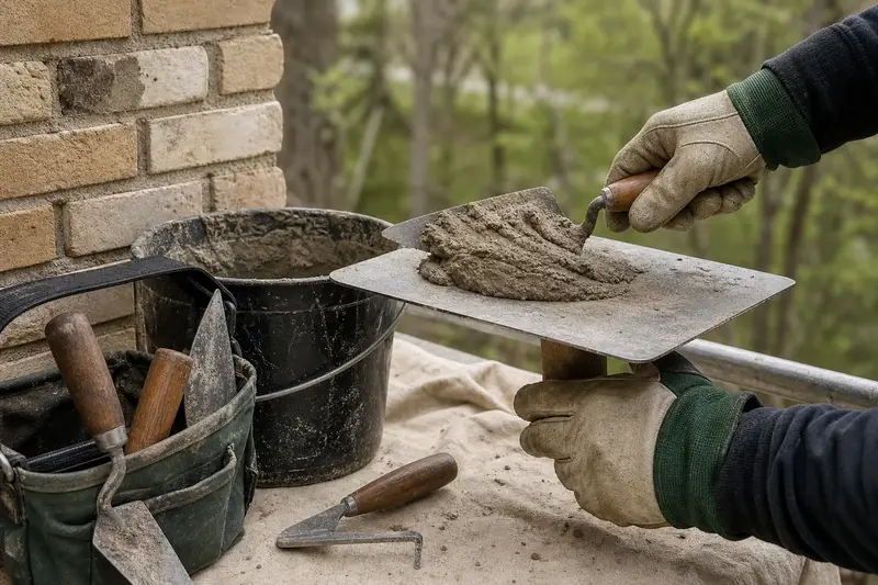 A mortar hawk, trowels and a bucket of mixed mortar set on a roof work platform; illustrative image