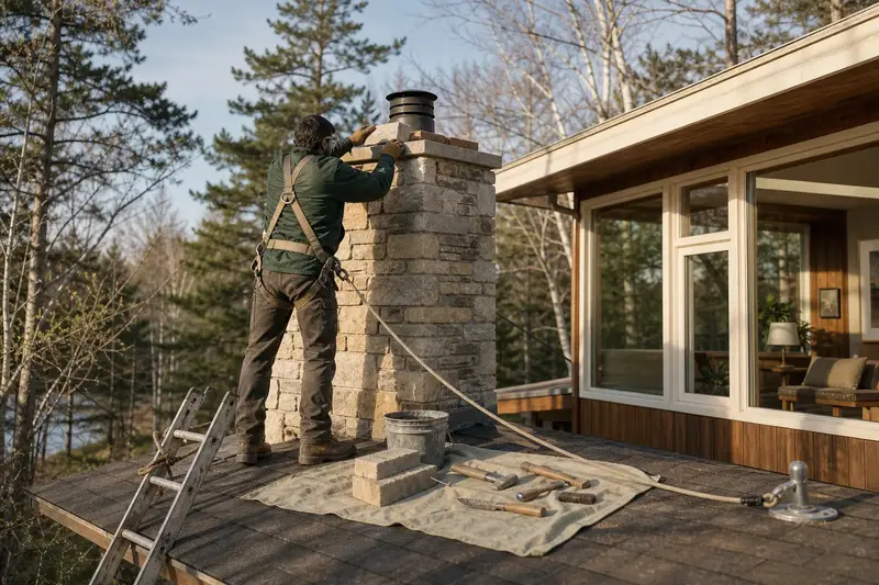 A harnessed mason setting a replacement brick near the top of a stone masonry chimney; illustrative image