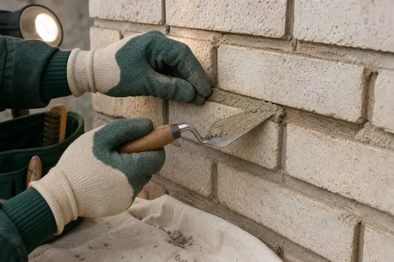 Gloved hands pressing fresh mortar into a raked joint with a tuckpointing trowel; illustrative image