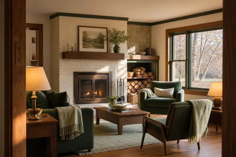A lived-in family room with a direct-vent gas fireplace, seasoned firewood and wool throws; illustrative image