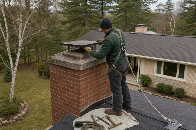 A harnessed technician checking the cap and crown of a red brick chimney with a concrete crown before the heating season; illustrative image