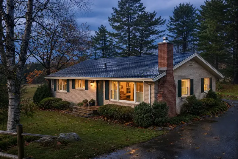 A 1960s brick-front ranch house after steady rain with a red brick chimney with a concrete crown and a stainless steel cap; illustrative image