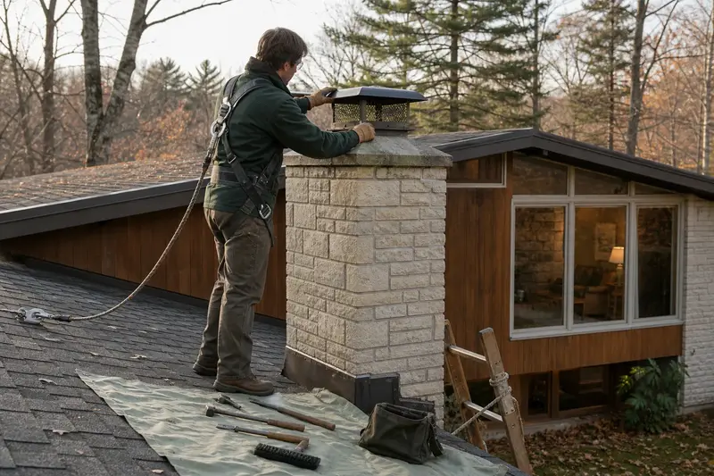 A harnessed technician examining the crown and cap of a stone masonry chimney from a dry roof; illustrative image