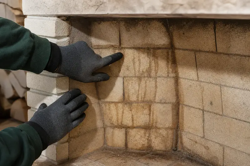 Water staining on the firebrick of a cold fireplace, seen up close; illustrative image