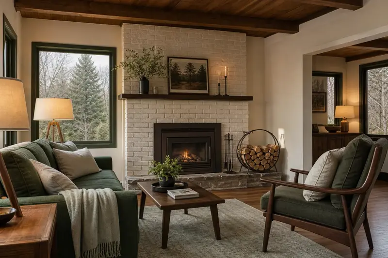 A hearth room with a wood-burning insert in a brick opening, split firewood in a steel rack and a clear hearth; illustrative image