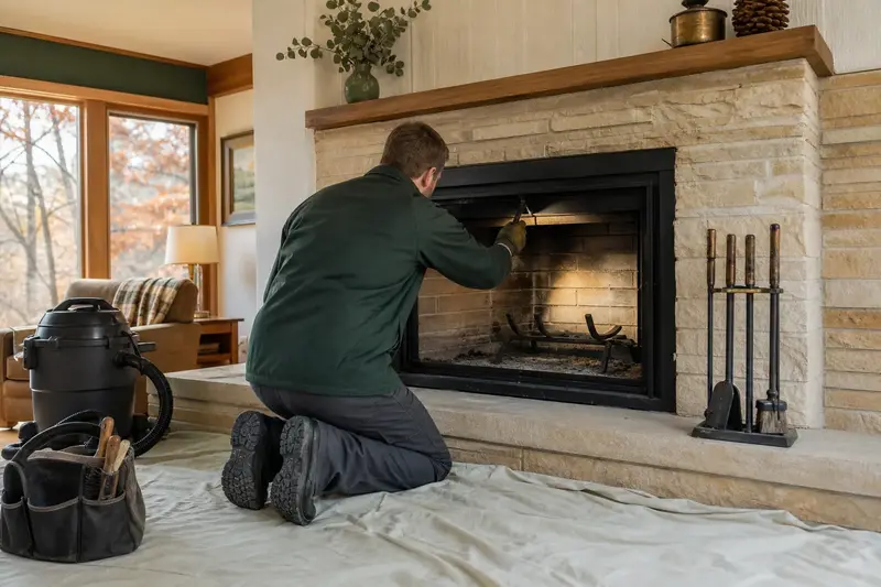 A technician adjusting the damper handle of a factory-built wood-burning fireplace with a stone facing by flashlight, the fireplace cold; illustrative image