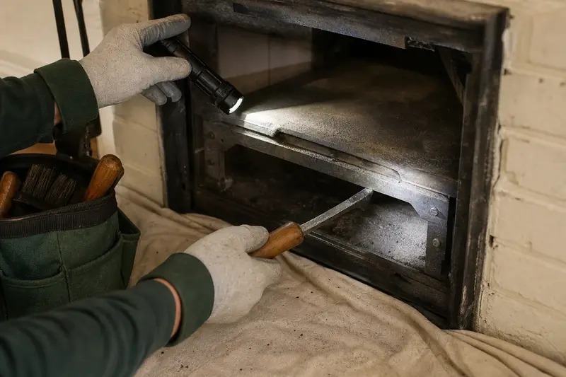 A smoke shelf and damper frame lit by a flashlight beam; illustrative image
