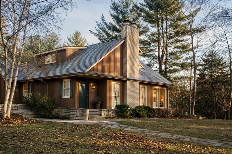 A 1970s cedar-sided contemporary house with a two-flue brick chimney on a slate roof topped by a new stainless steel cap; illustrative image