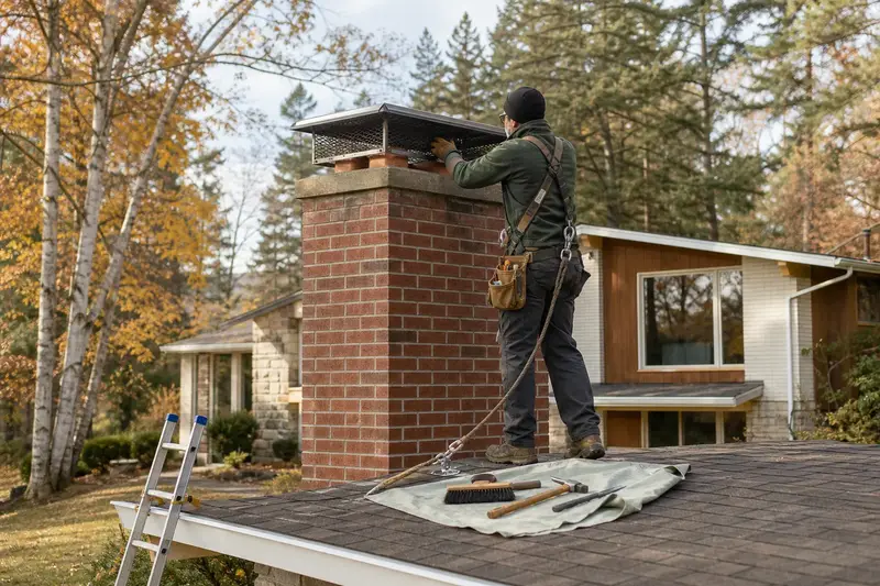 A harnessed technician fastening a multi-flue cap over the crown of a red brick chimney with a concrete crown; illustrative image