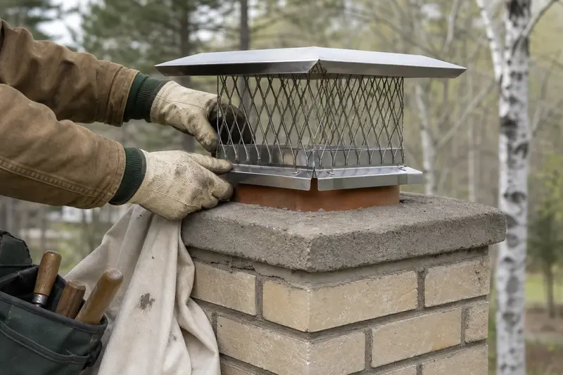 A stainless steel mesh cap seated on a flue above a concrete crown, seen up close; illustrative image
