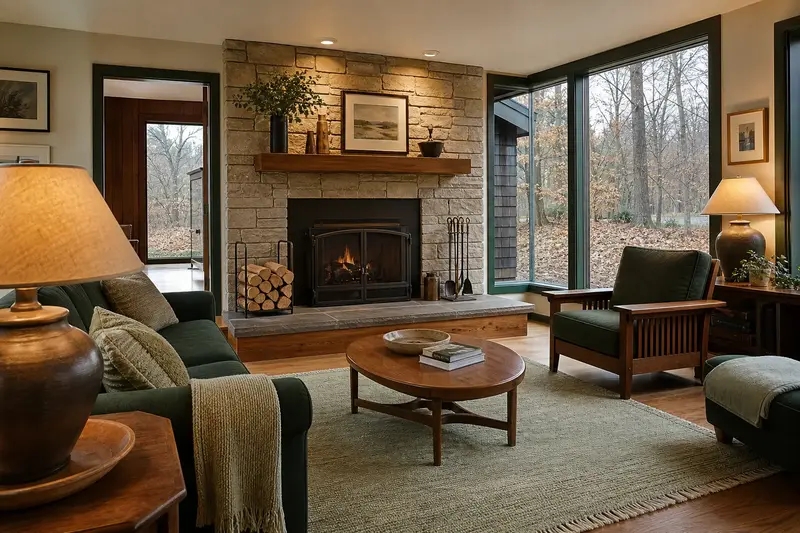 A tidy hearth room with a factory-built wood-burning fireplace with a stone facing, a cleared hearth, fireplace tools and split firewood; illustrative image