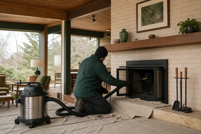 A technician kneeling at a wood-burning insert in a brick opening with a sealed vacuum and drop cloths, the fireplace cold and unlit; illustrative image