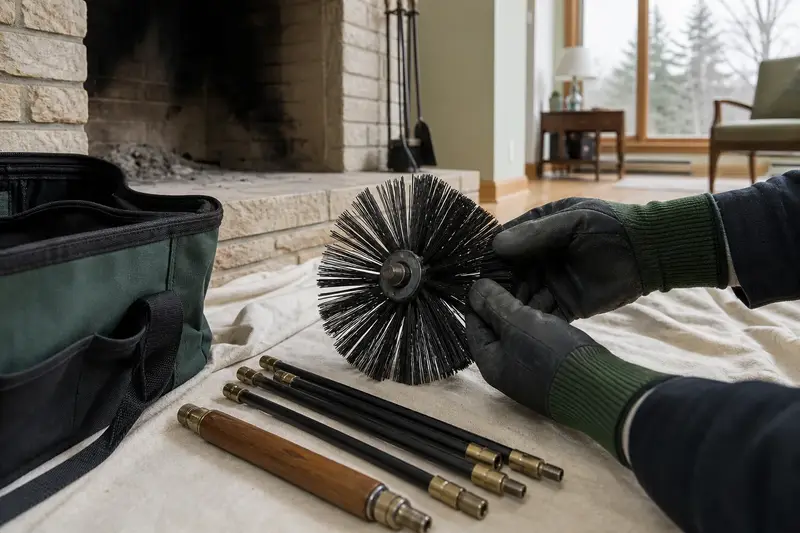 A rotary brush head and flexible rods laid on a canvas drop cloth beside an open masonry wood-burning fireplace; illustrative image