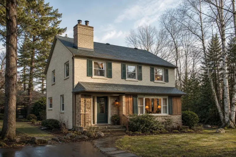 A 1970s two-story suburban house in soft daylight with a two-flue brick chimney on a slate roof standing clear above the roofline; illustrative image