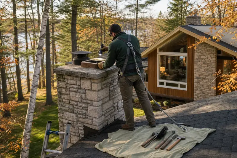 A harnessed technician examining the top of a stone masonry chimney with a flashlight from a dry roof surface; illustrative image