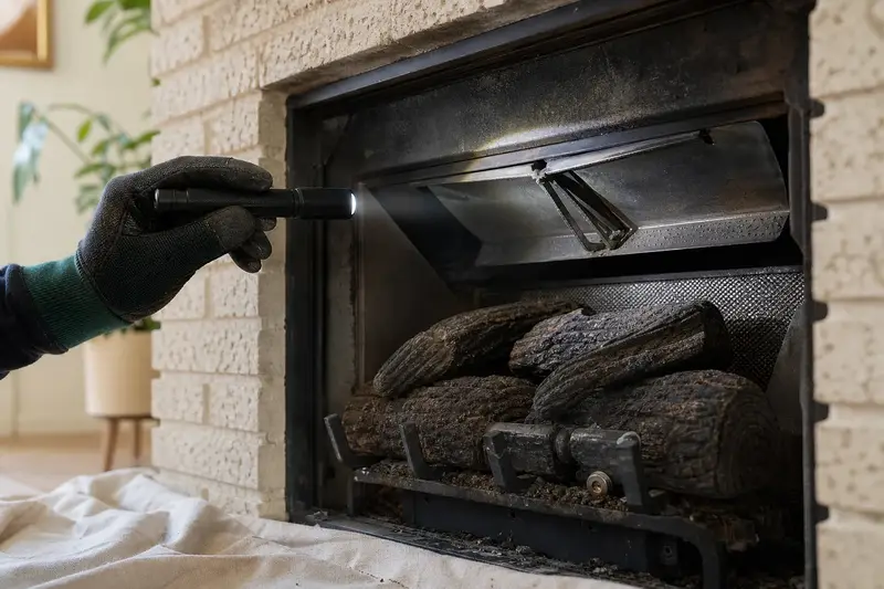 A flashlight beam across the smoke chamber and damper of a vented gas log set in a masonry firebox, a gloved hand holding the light; illustrative image