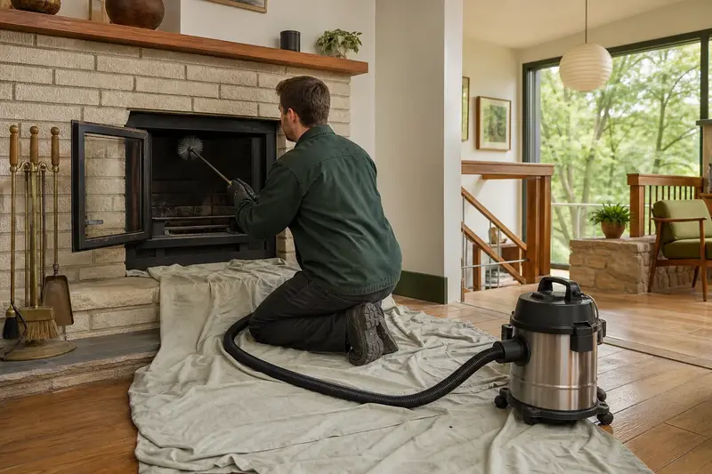 A technician brushing the flue of a wood-burning insert in a brick opening on a humid summer day, drop cloths on the hearth; illustrative image