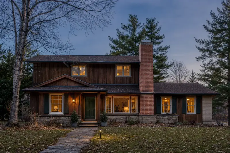 A 1970s cedar-sided contemporary house with a red brick chimney with a concrete crown and neat, even mortar joints; illustrative image