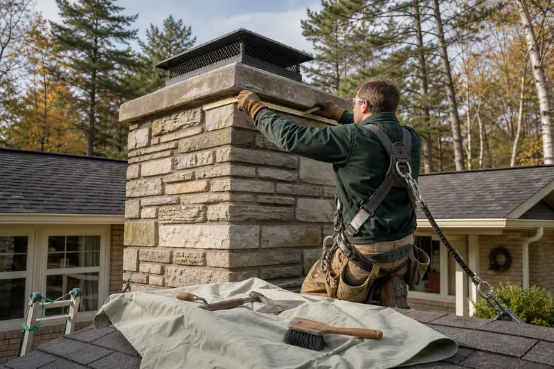 A harnessed mason measuring the crown of a stone masonry chimney with a folding rule; illustrative image