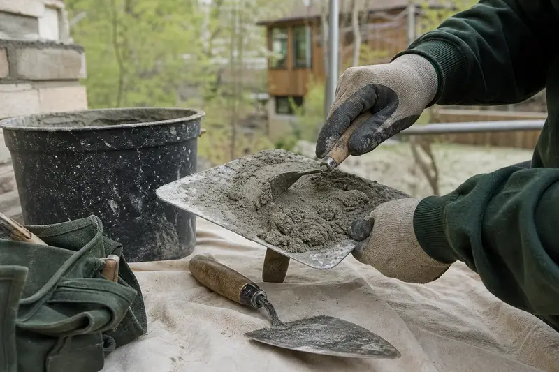 A mortar hawk, trowels and a bucket of mixed mortar set on a roof work platform; illustrative image