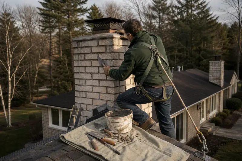 A harnessed mason repointing mortar joints on a tall brick chimney on a steep gable roof with a pointing trowel; illustrative image