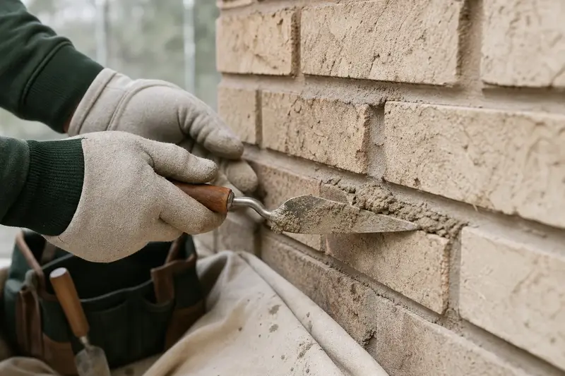 Gloved hands pressing fresh mortar into a raked joint with a tuckpointing trowel; illustrative image