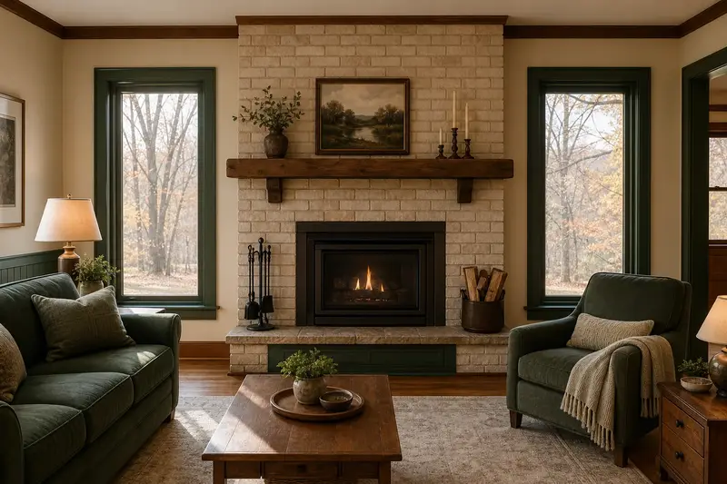 A warm hearth room with a gas insert set in a brick opening on a cool evening, no one present; illustrative image