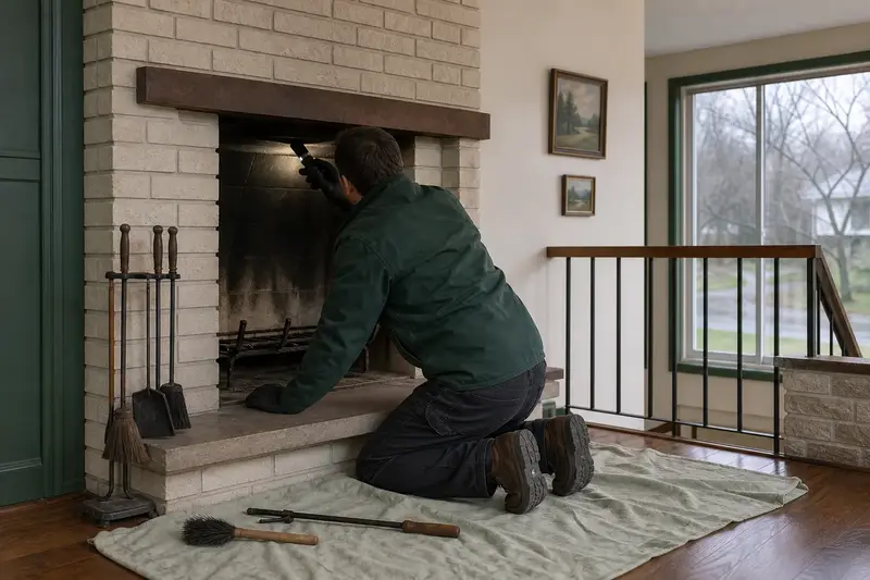 A technician checking the damper of an open masonry wood-burning fireplace with a flashlight before the heating season, the fireplace cold; illustrative image