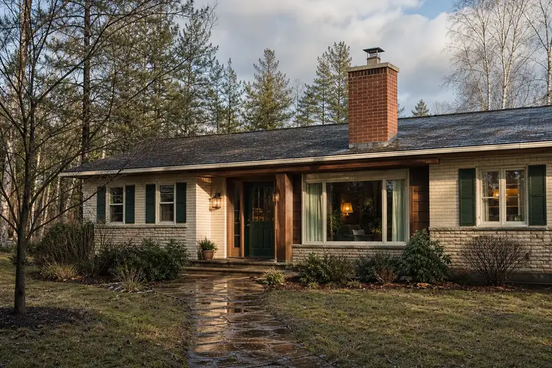 A 1970s brick-front ranch house after steady rain with a red brick chimney with a concrete crown and a stainless steel cap; illustrative image