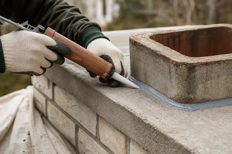 Gloved hands sealing the edge of a concrete chimney crown; illustrative image