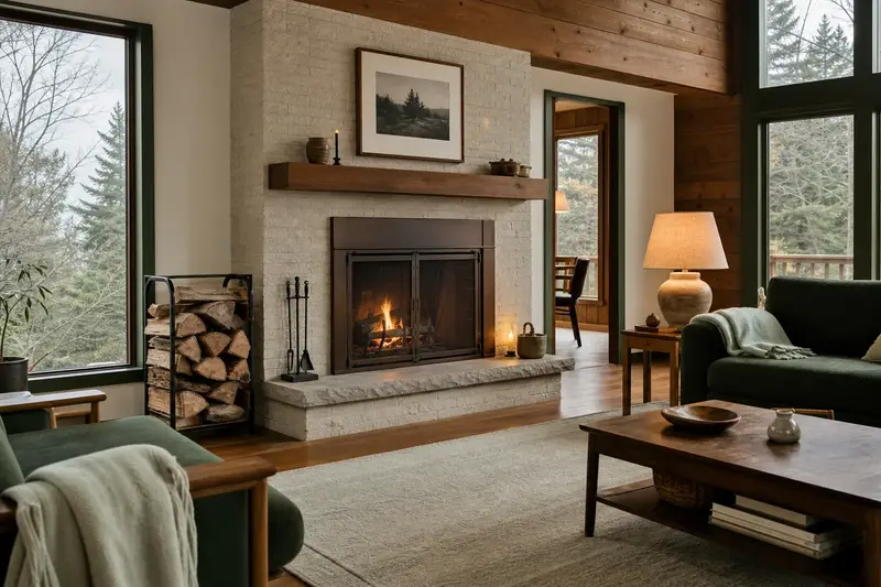 A hearth room with a factory-built wood-burning fireplace with a stone facing, split firewood in a steel rack and a clear hearth; illustrative image