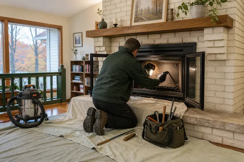 A technician checking the firebox walls of a wood-burning insert in a brick opening with a work light, a drop cloth on the hearth; illustrative image